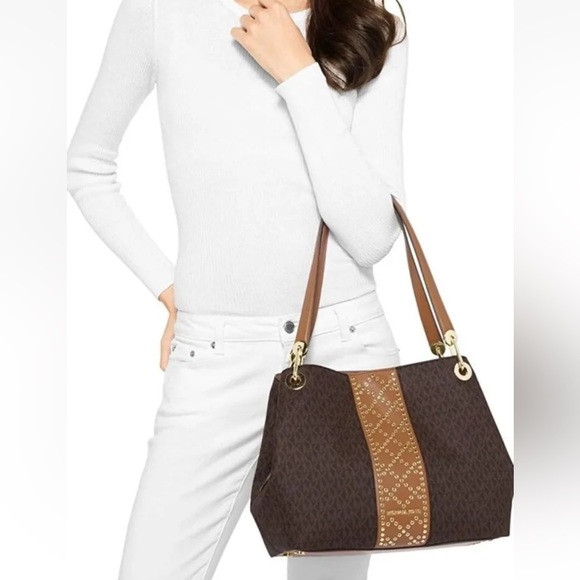 Michael Kors Brown Signature Coated Canvas Raven Large Studded Tote Bag - Picture 2 of 16